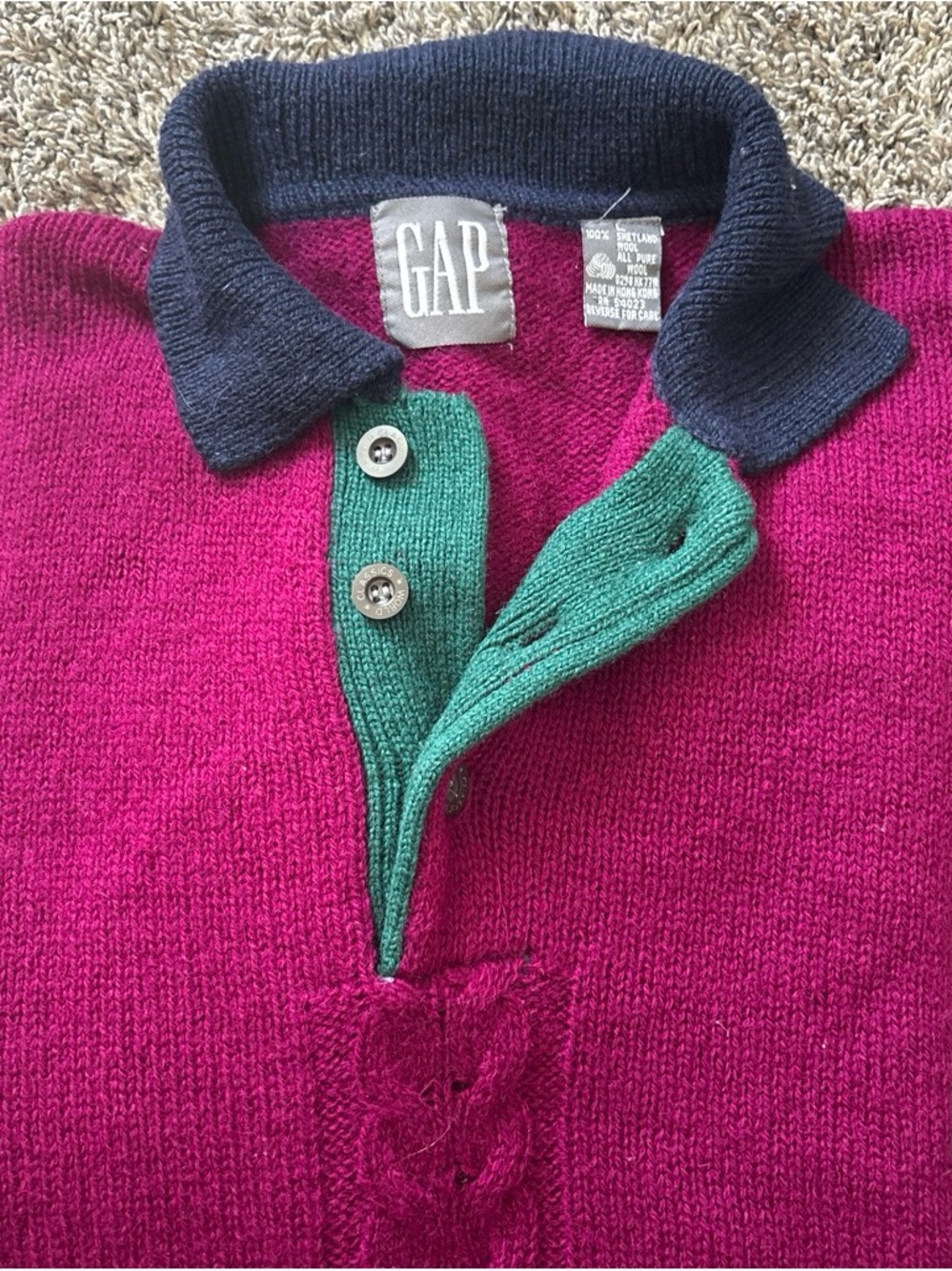 GAP Men's Magenta Knit Zip Polo with Navy Collar and Green Placket